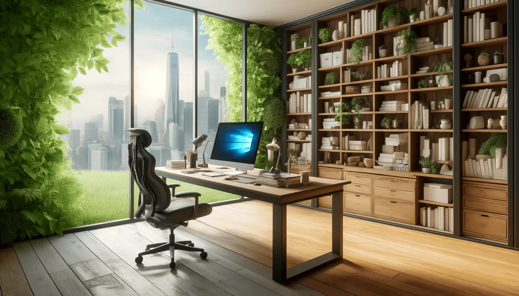 A hybrid home office setup blending elements of modern and traditional design